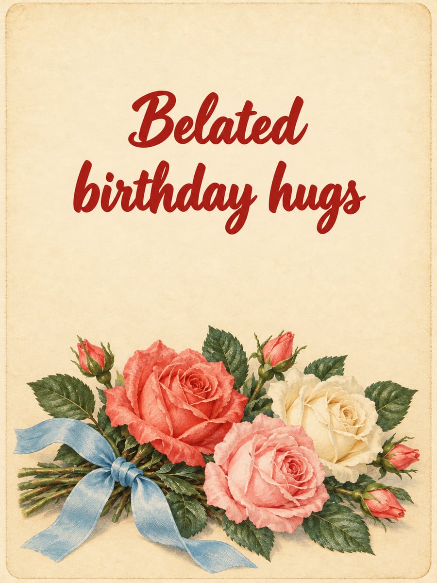 Belated birthday greeting image: coral, pink and cream roses tied with a blue ribbon, vintage postcard. It says “Belated birthday hugs”