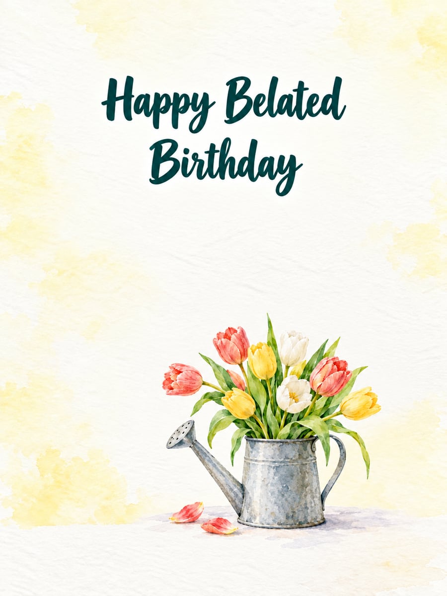 Belated birthday greeting image: bouquet of tulips in a galvanized watering can, fallen tulip petals. It says “Happy Belated Birthday”