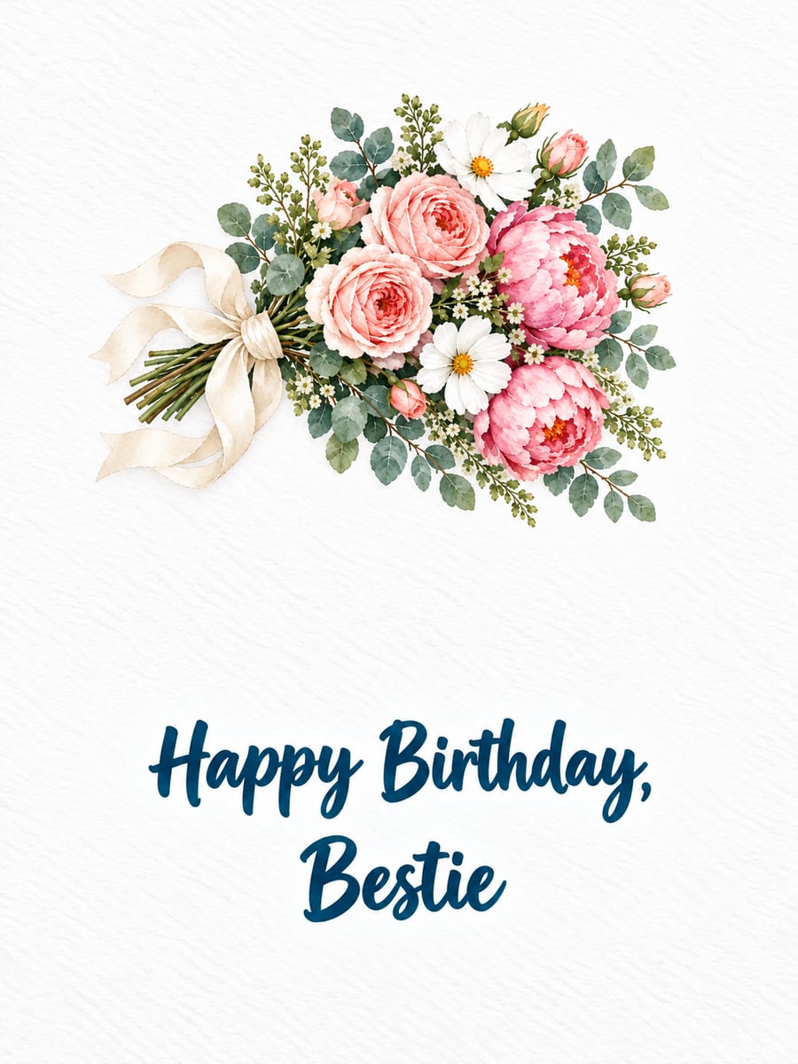 Birthday greeting image: watercolor bouquet of pink roses, peonies and white cosmos, eucalyptus. It says “Happy Birthday, Bestie”