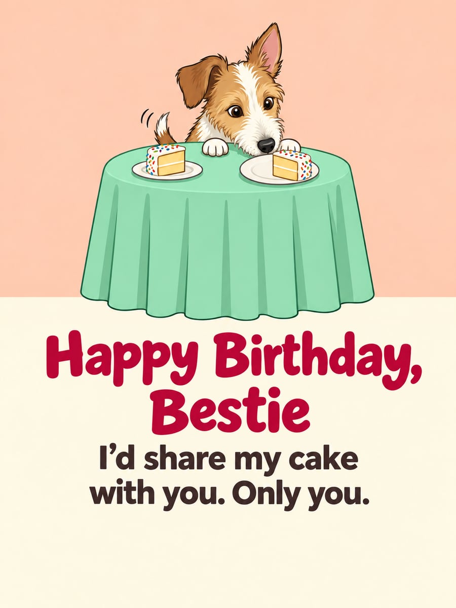 Birthday greeting image: cartoon dog peeking over a table, two slices of vanilla cake, mint green tablecloth. It says “Happy Birthday, Bestie” and “I’d share my cake with you. Only you.”