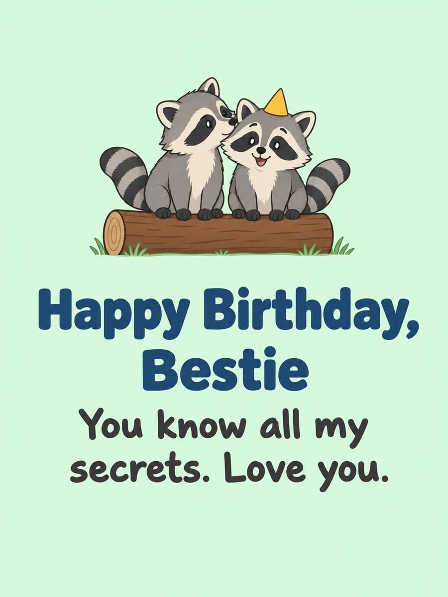 Birthday greeting image: two cartoon raccoons whispering on a log, yellow party hat. It says “Happy Birthday, Bestie” and “You know all my secrets. Love you.”