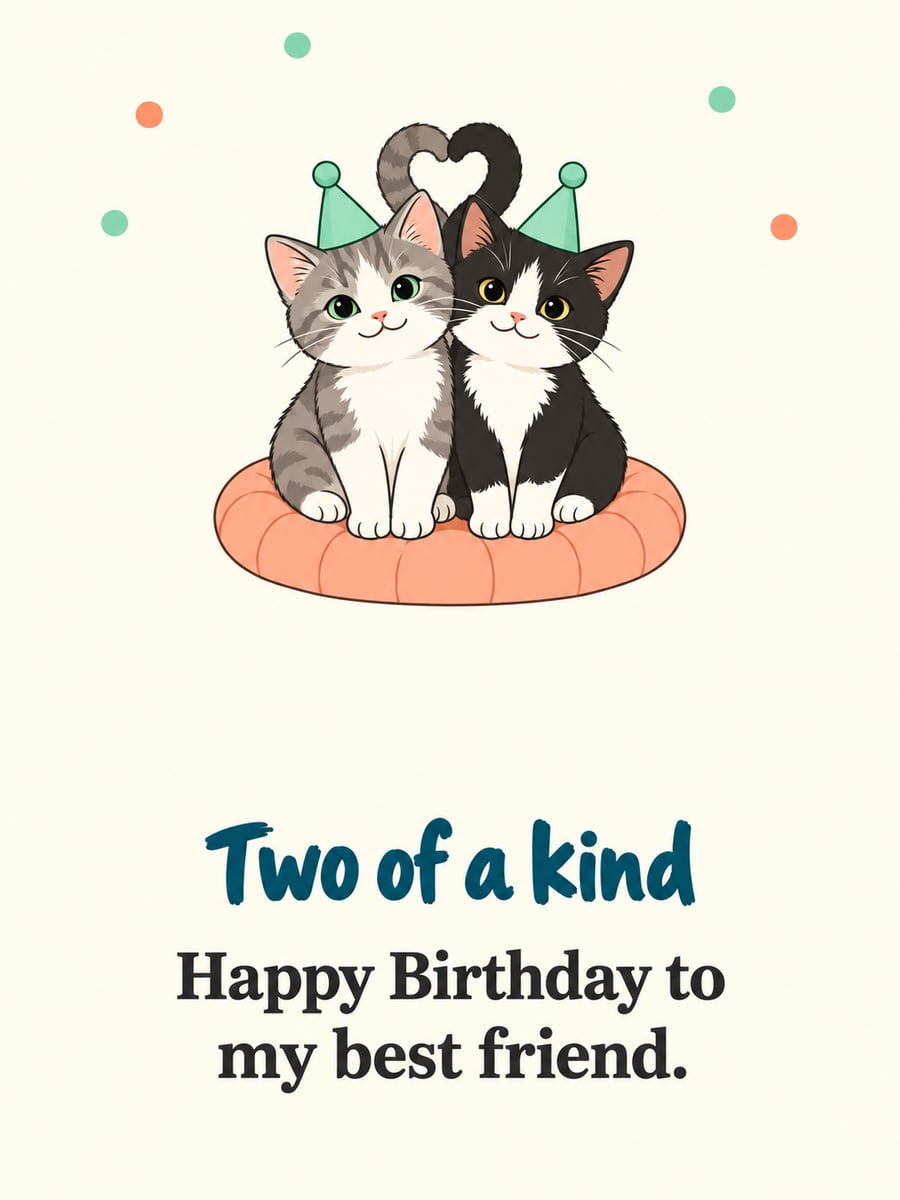 Birthday greeting image: gray and white kitten and black and white tuxedo kitten in matching party hats, coral cushion. It says “Two of a kind” and “Happy Birthday to my best friend.”