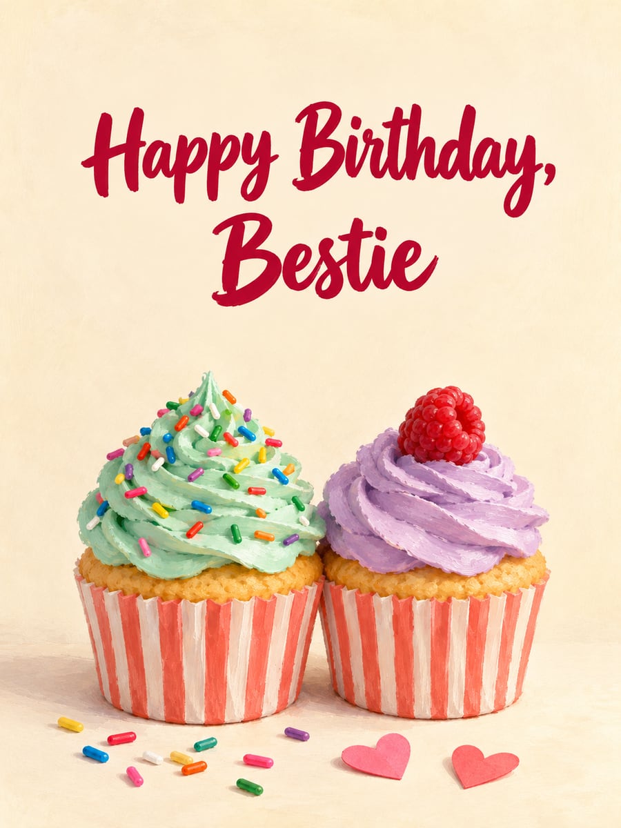 Birthday greeting image: two cupcakes with mint and lavender frosting, sprinkles, paper hearts. It says “Happy Birthday, Bestie”