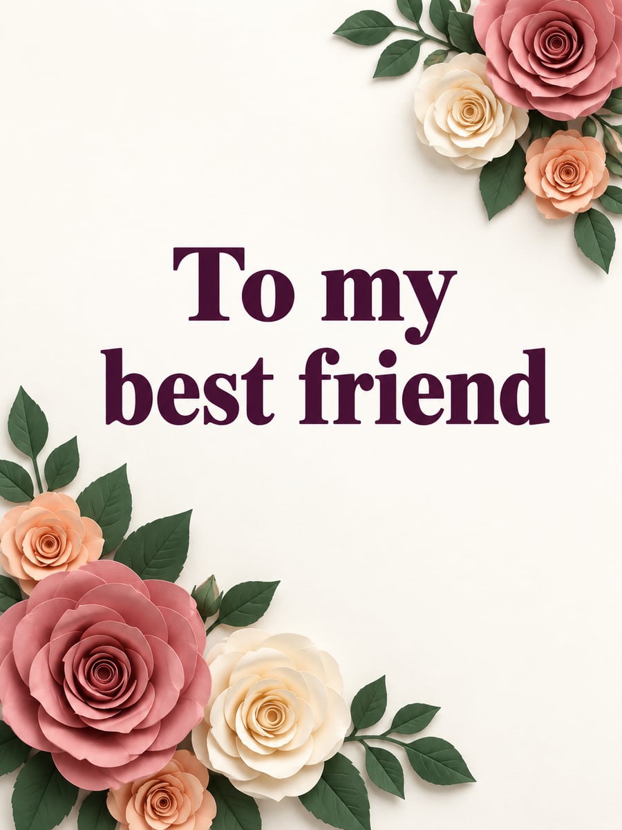 Birthday greeting image: paper-cut garden roses in two corners, green leaves. It says “To my best friend”