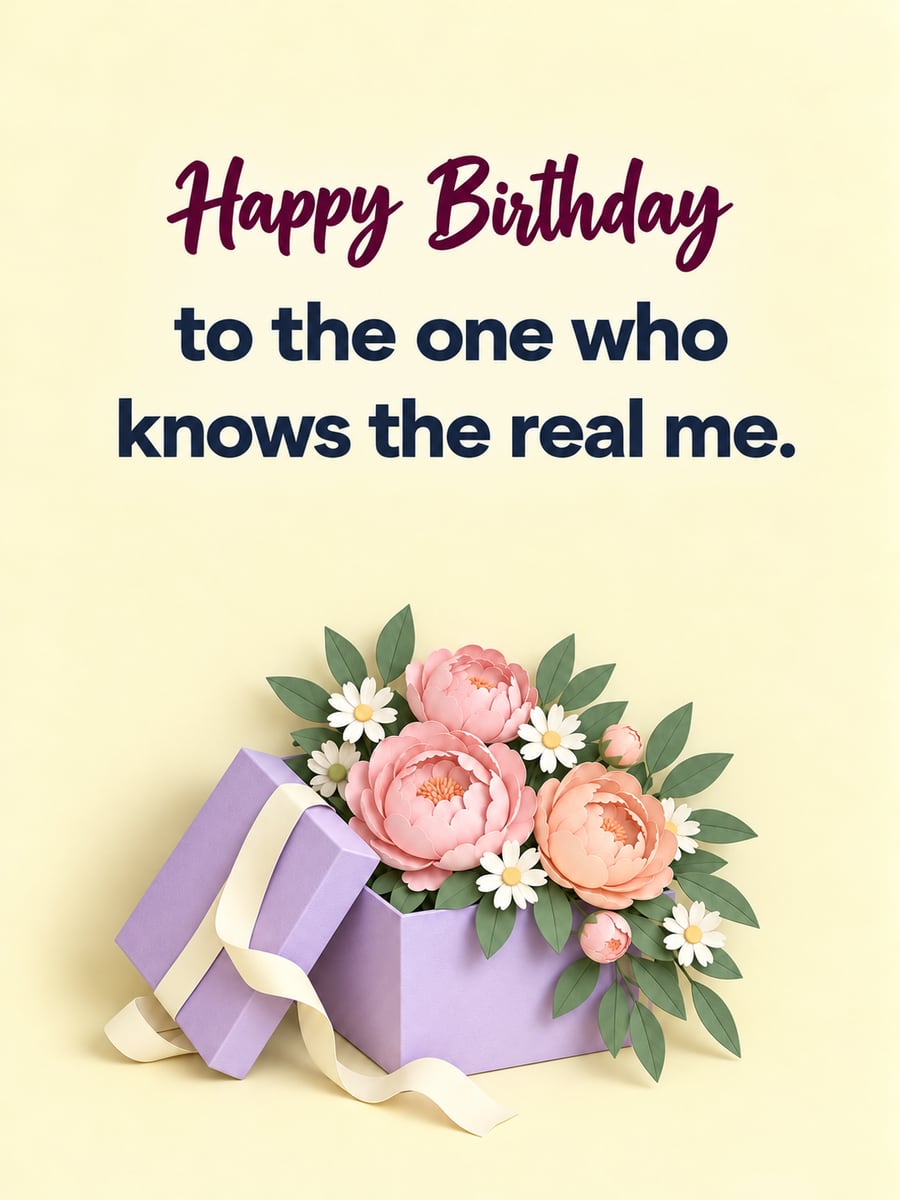 Birthday greeting image: open lilac gift box spilling paper peonies and daisies. It says “Happy Birthday” and “to the one who knows the real me.”