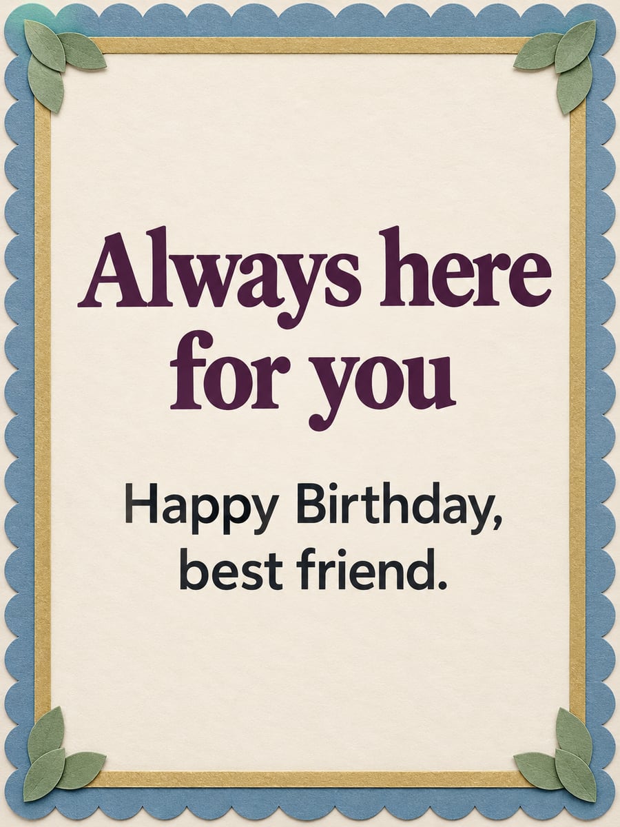 Birthday greeting image: dusty blue scalloped paper frame, sage green leaves. It says “Always here for you” and “Happy Birthday, best friend.”