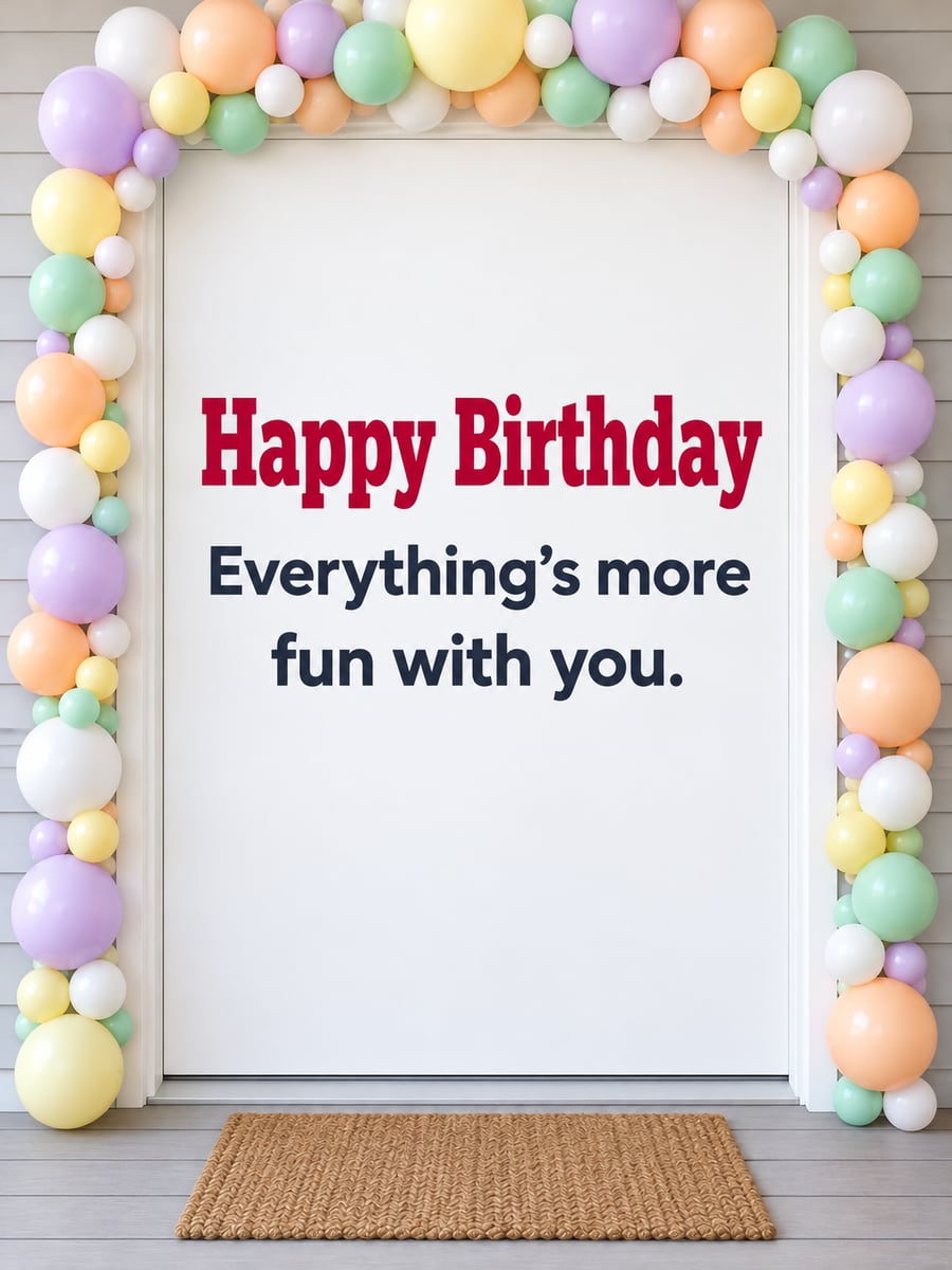 Birthday greeting image: pastel balloon arch around a white front door, doormat. It says “Happy Birthday” and “Everything’s more fun with you.”