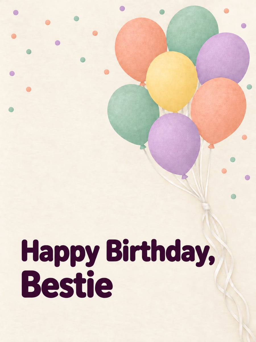 Birthday greeting image: seven pastel balloons, white curling ribbon, confetti dots. It says “Happy Birthday, Bestie”