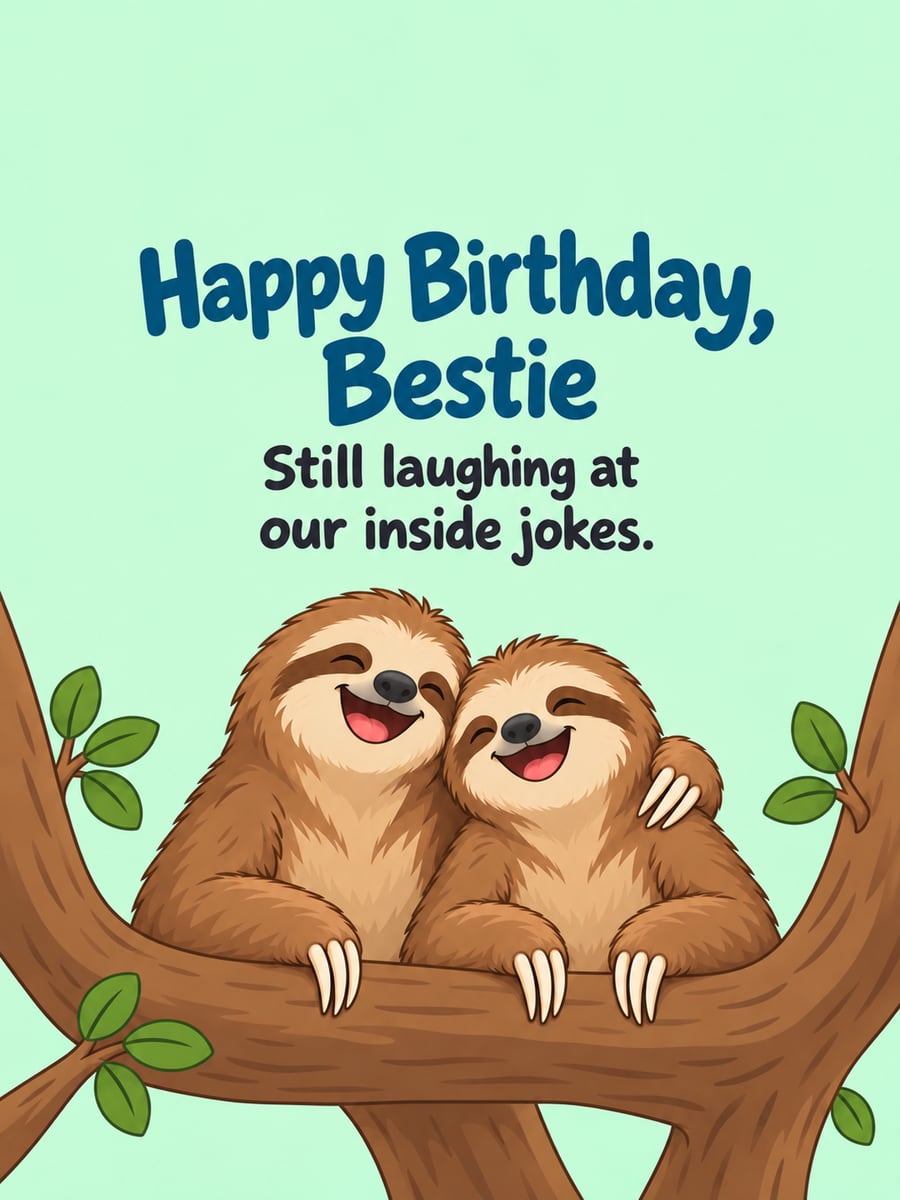 Birthday greeting image: two cartoon sloths laughing in a tree. It says “Happy Birthday, Bestie” and “Still laughing at our inside jokes.”