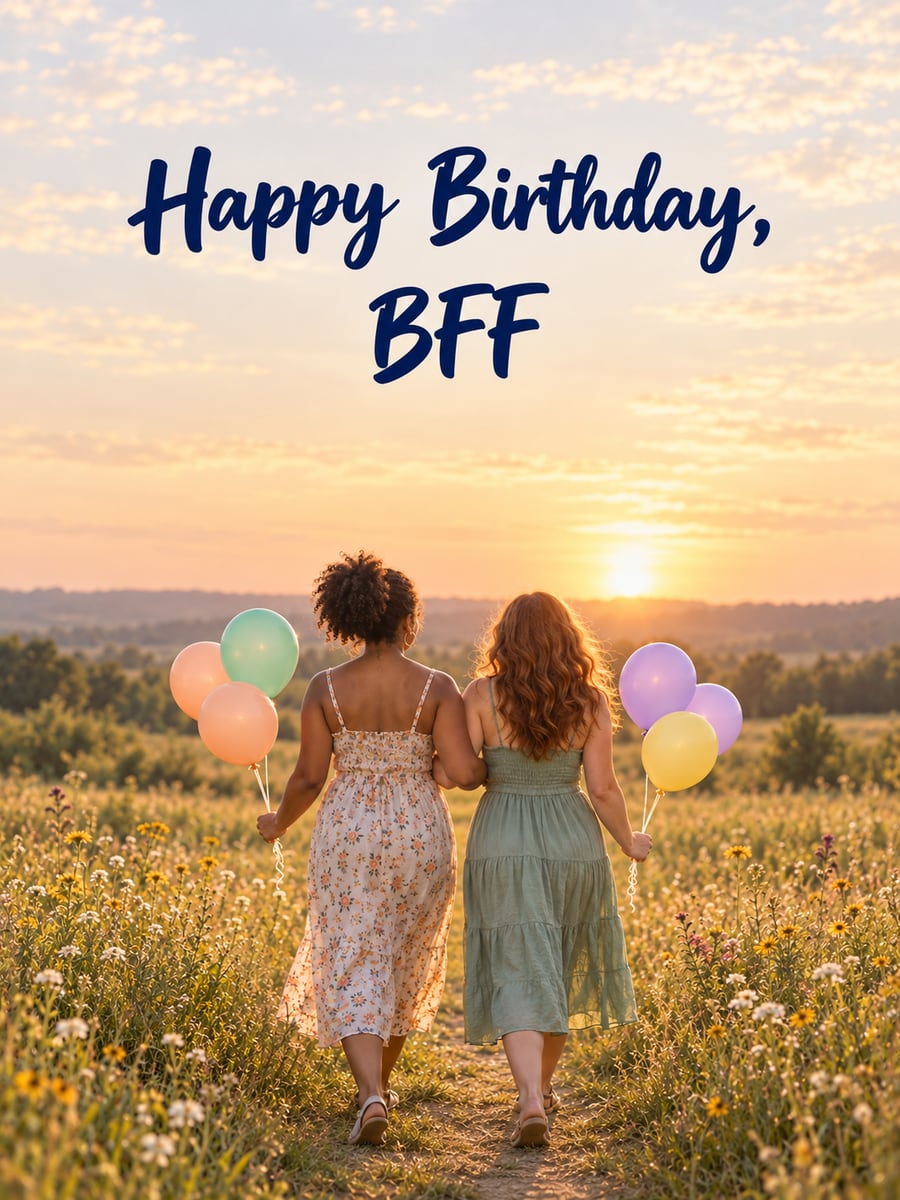 Birthday greeting image: two women friends walking arm in arm, seen from behind, pastel balloons, meadow at sunset. It says “Happy Birthday, BFF”