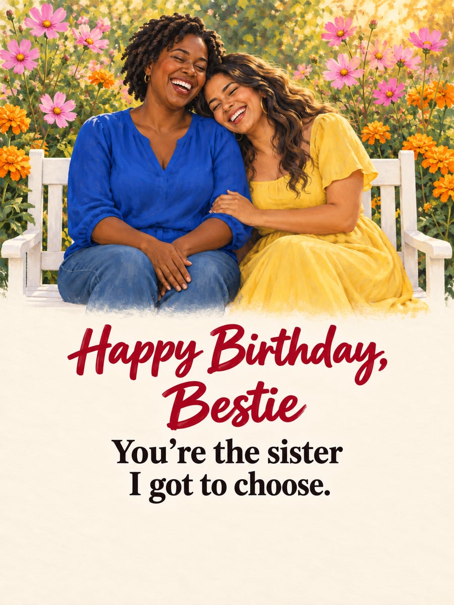 Birthday greeting image: two women friends laughing on a white garden bench, pink cosmos and orange marigolds. It says “Happy Birthday, Bestie” and “You’re the sister I got to choose.”