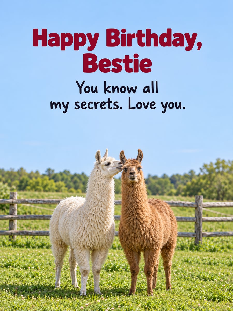 Birthday greeting image: white llama whispering to a caramel llama, pasture with a split-rail fence. It says “Happy Birthday, Bestie” and “You know all my secrets. Love you.”