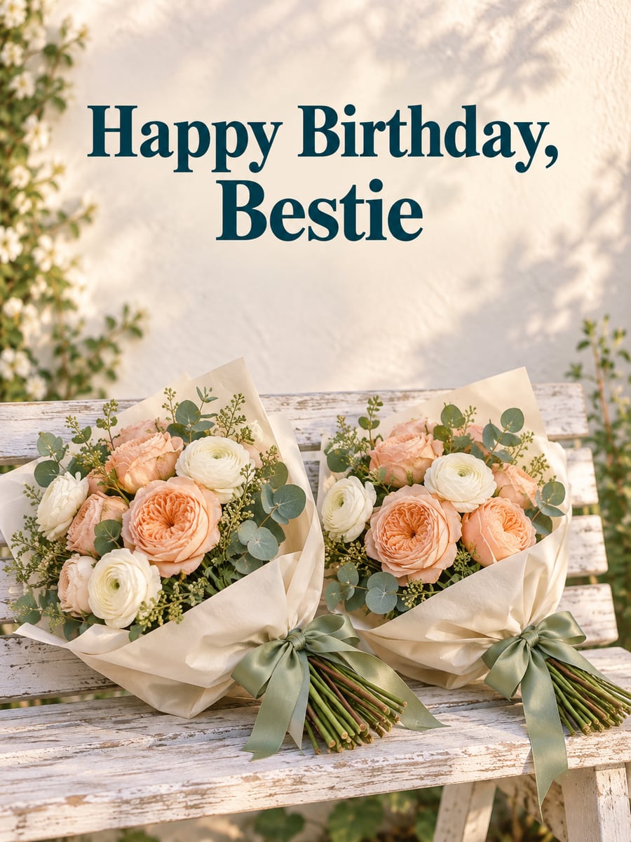 Birthday greeting image: two matching bouquets of peach roses and white ranunculus, white wooden bench. It says “Happy Birthday, Bestie”
