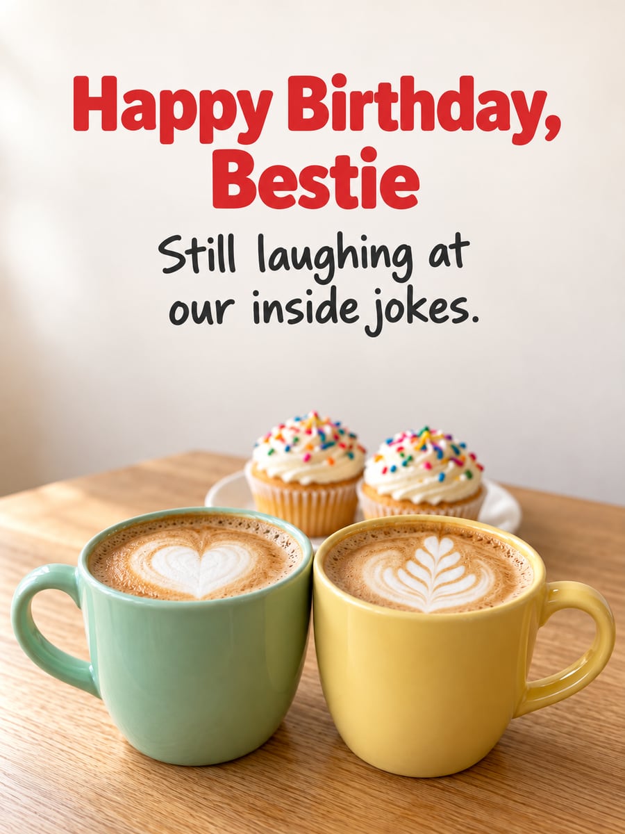 Birthday greeting image: mint and yellow coffee mugs with latte art, two cupcakes with sprinkles. It says “Happy Birthday, Bestie” and “Still laughing at our inside jokes.”