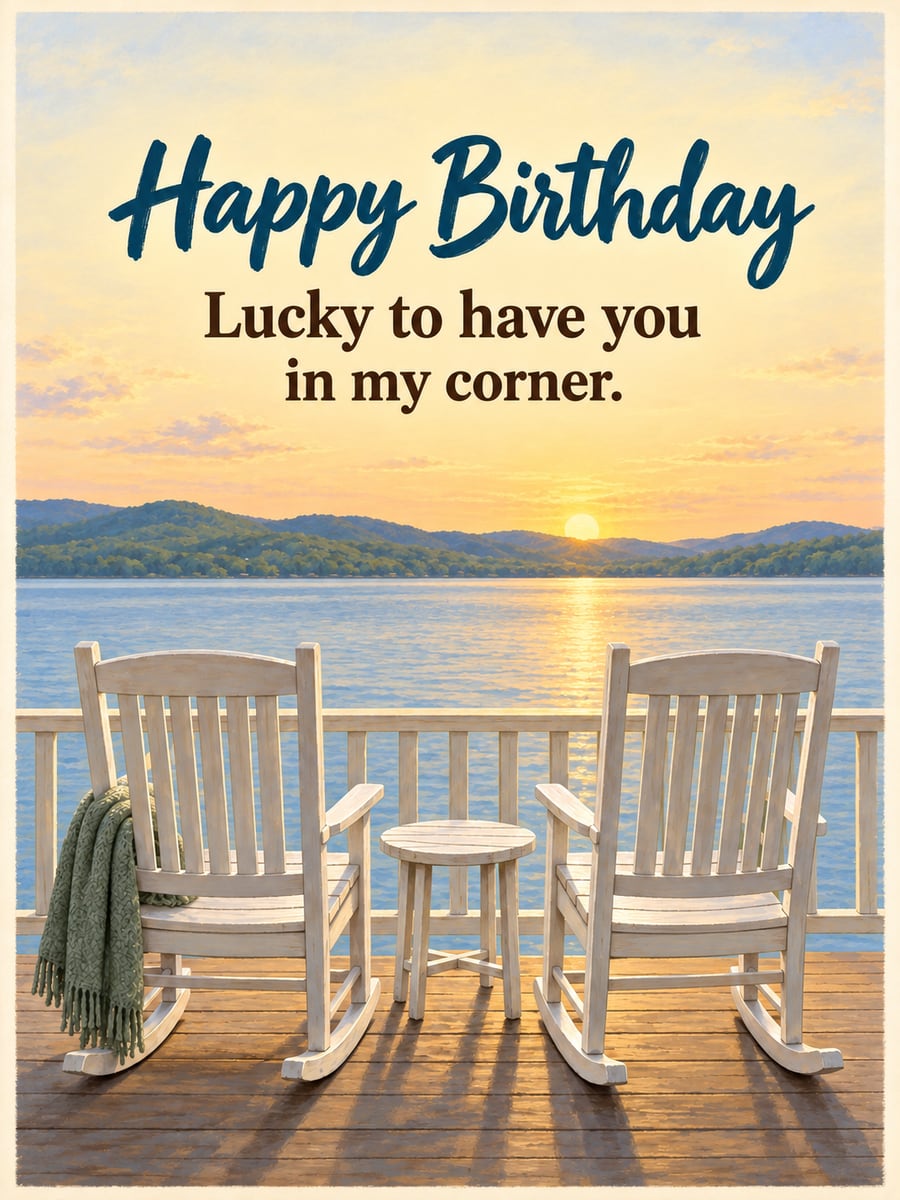 Birthday greeting image: two white rocking chairs on a porch, lake at sunset. It says “Happy Birthday” and “Lucky to have you in my corner.”
