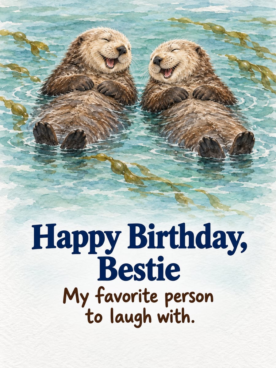Birthday greeting image: two laughing sea otters floating on their backs, kelp. It says “Happy Birthday, Bestie” and “My favorite person to laugh with.”