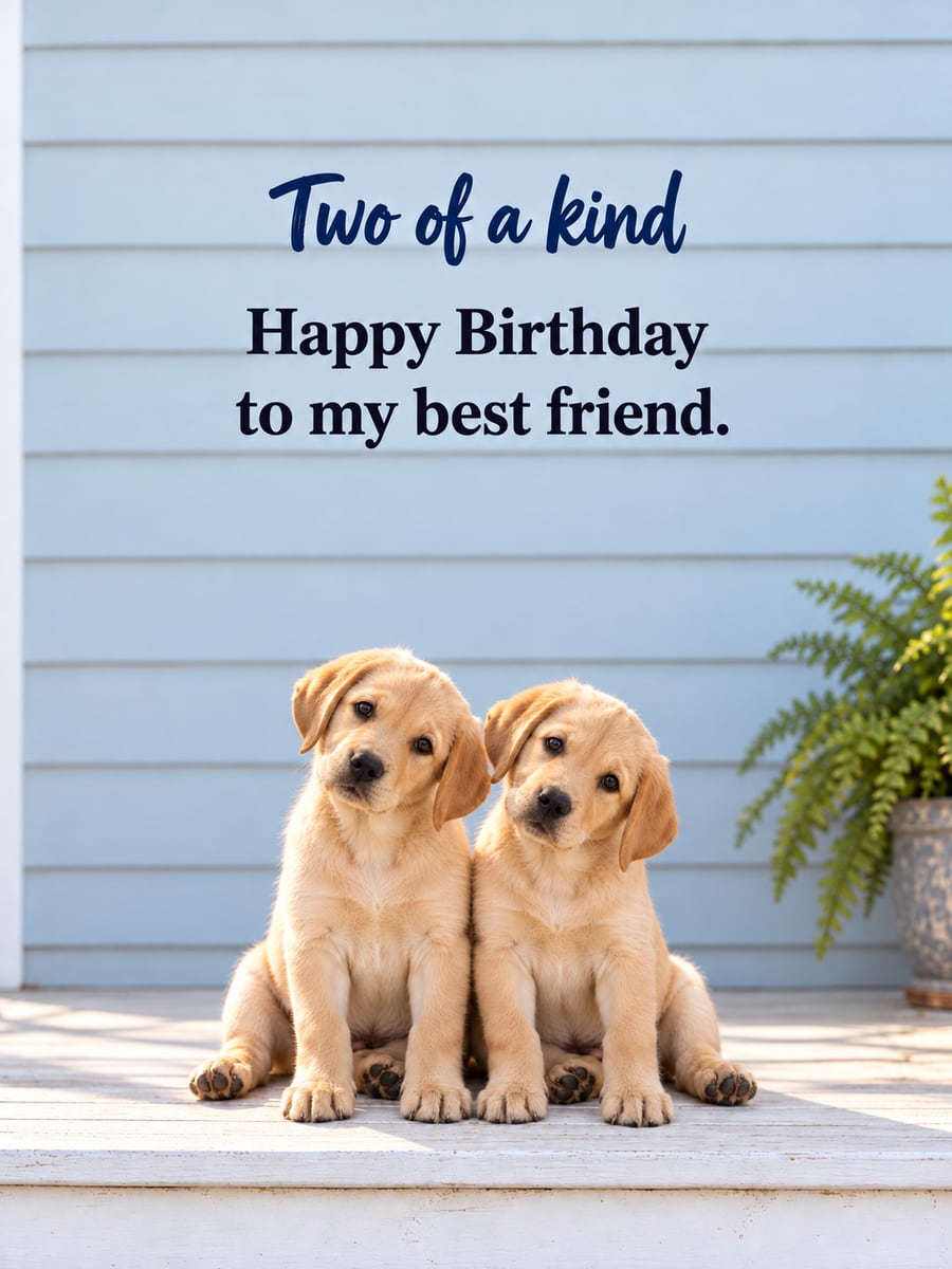 Birthday greeting image: two yellow Labrador puppies sitting on a porch step, fern in a pot. It says “Two of a kind” and “Happy Birthday to my best friend.”