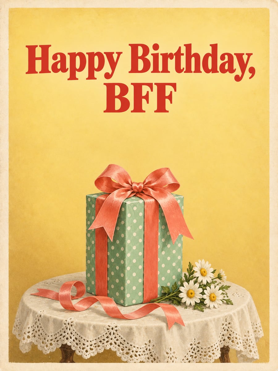 Birthday greeting image: mint polka dot gift box with a coral bow, white daisies, lace-covered table. It says “Happy Birthday, BFF”