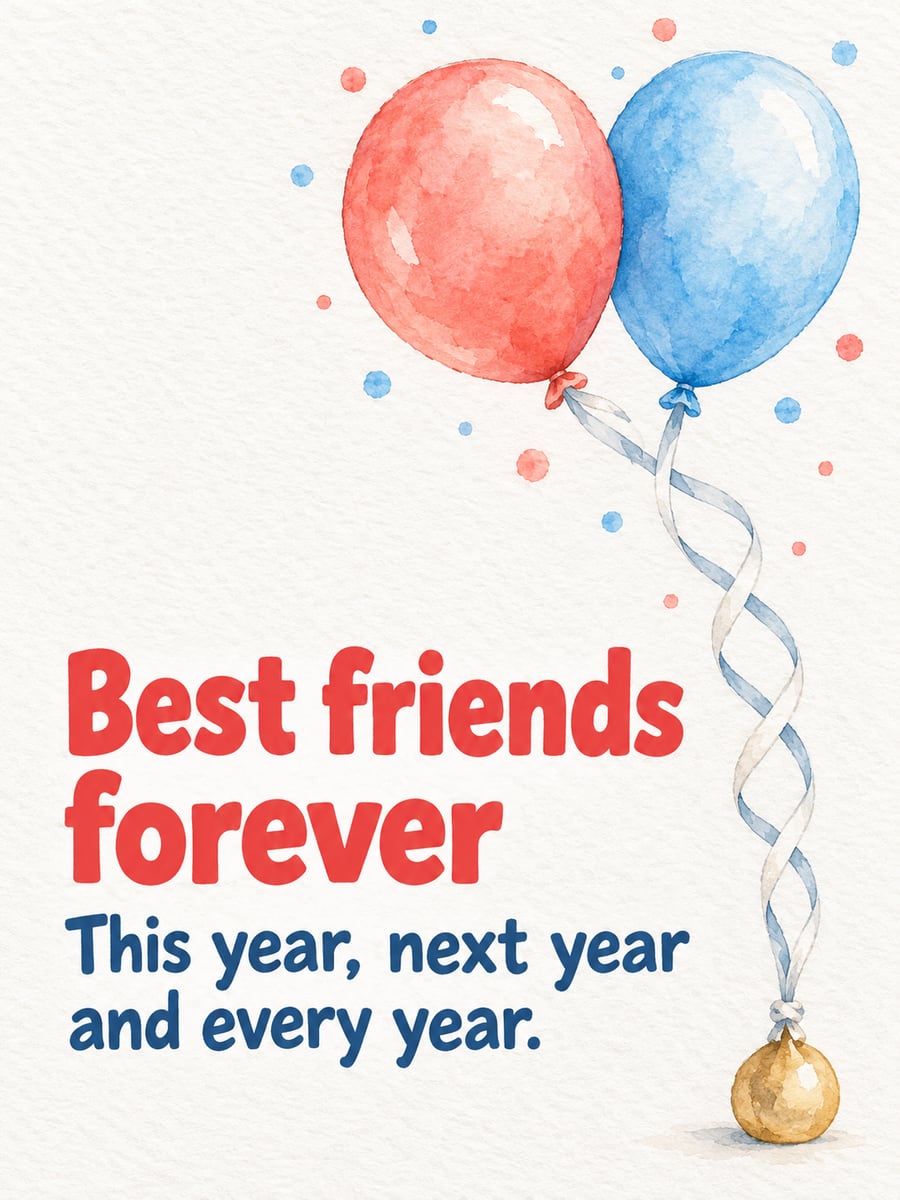 Birthday greeting image: coral and blue balloons with tangled ribbons. It says “Best friends forever” and “This year, next year and every year.”