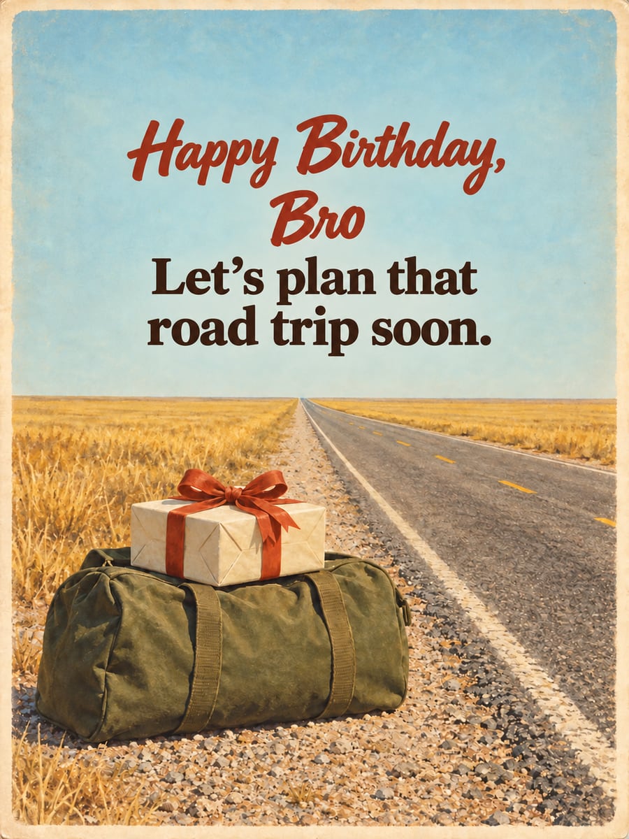Birthday greeting image: olive green canvas duffel bag on the shoulder of a country road, gift box with a red bow. It says “Happy Birthday, Bro” and “Let’s plan that road trip soon.”