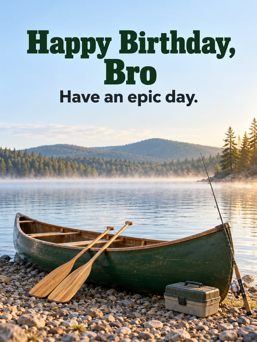 Birthday greeting image: green wooden canoe on a lake shore, paddles, fishing rod, tackle box. It says “Happy Birthday, Bro” and “Have an epic day.”