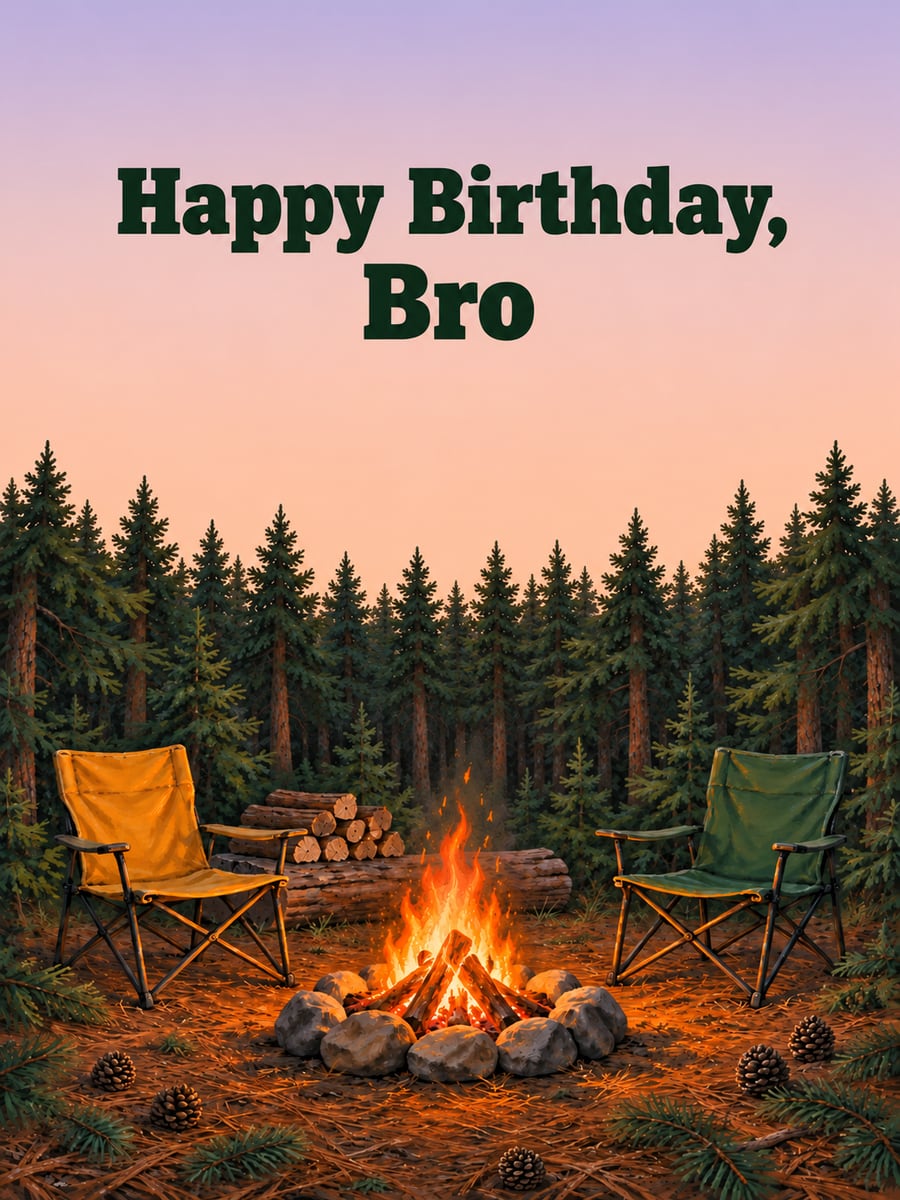 Birthday greeting image: campfire in a stone ring, two empty folding camp chairs, stack of firewood in a pine forest. It says “Happy Birthday, Bro”