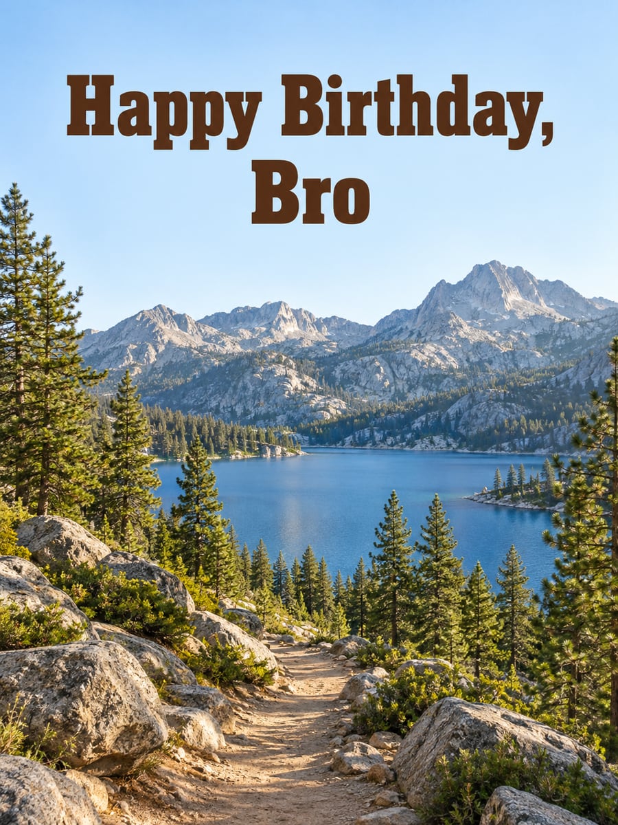 Birthday greeting image: dirt trail through pine trees, mountain lake. It says “Happy Birthday, Bro”