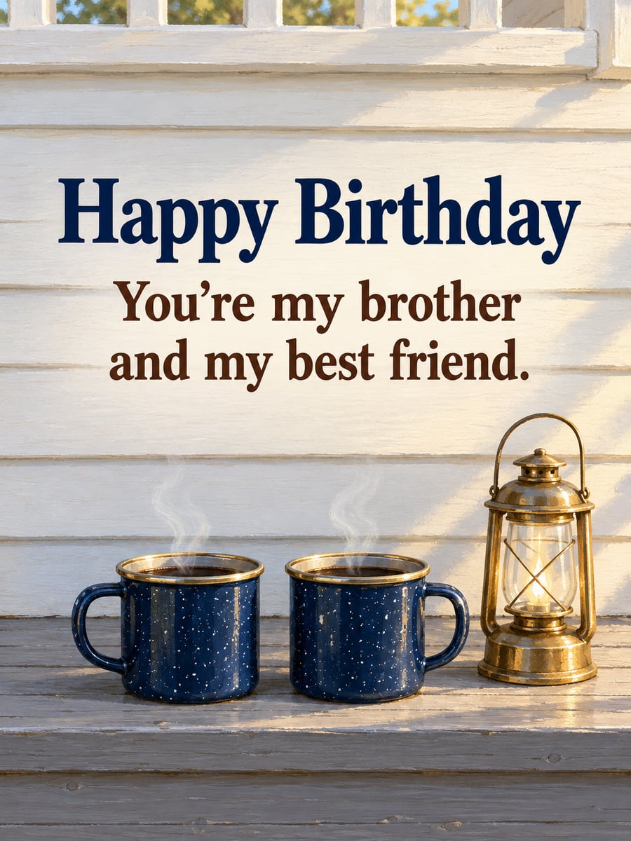 Birthday greeting image: two navy enamel mugs of coffee on a porch step, brass lantern. It says “Happy Birthday” and “You’re my brother and my best friend.”