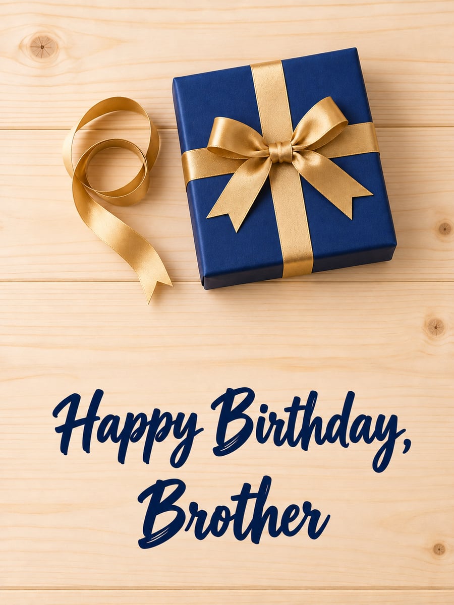 Birthday greeting image: navy gift box with a gold ribbon, light pine table. It says “Happy Birthday, Brother”