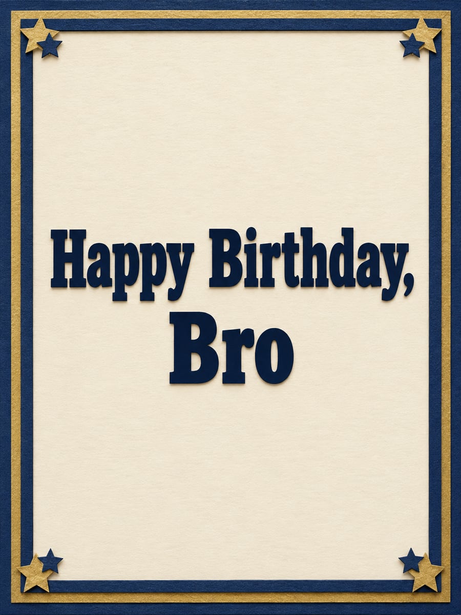 Birthday greeting image: navy and gold paper-cut frame, paper stars. It says “Happy Birthday, Bro”