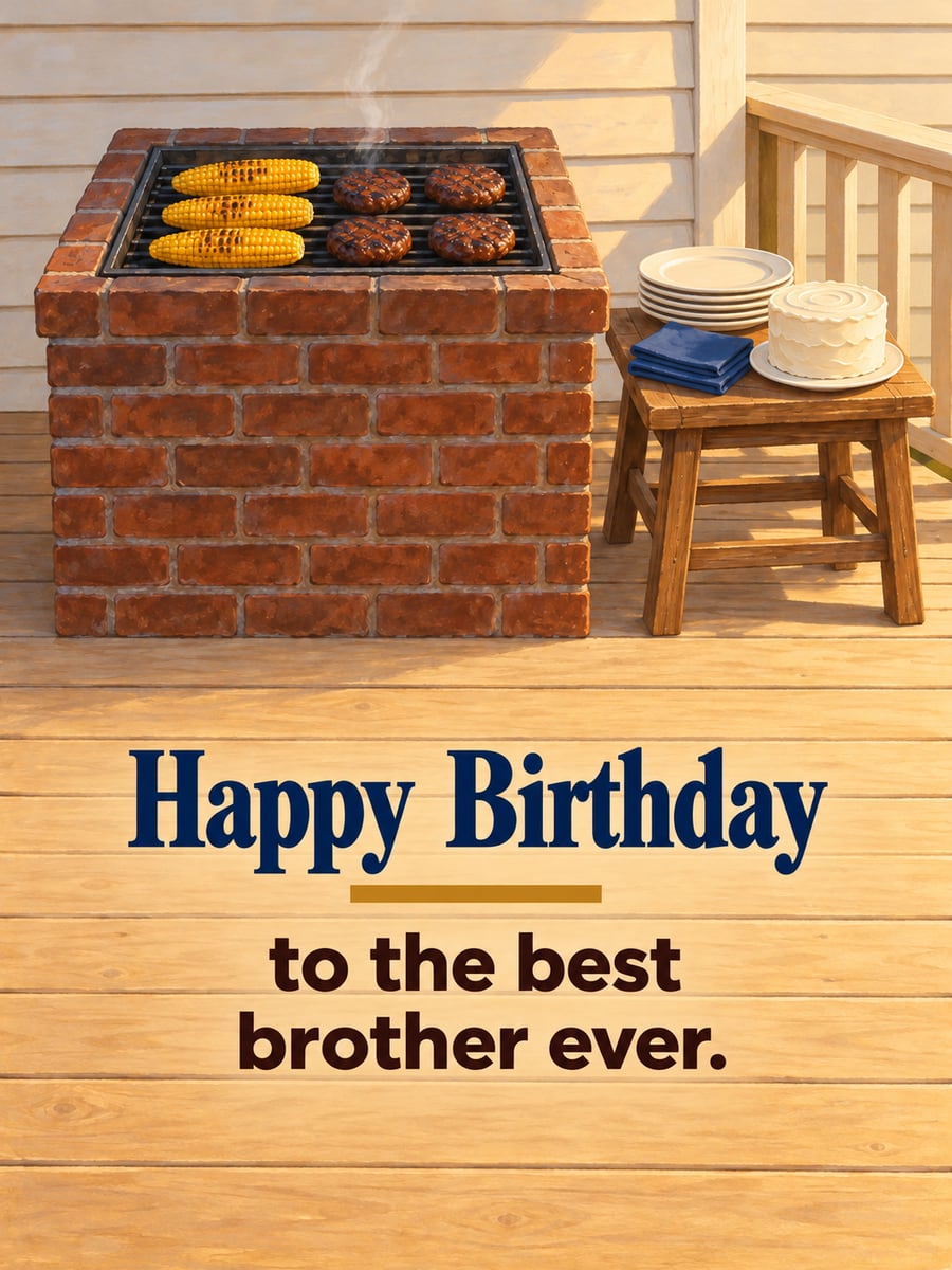 Birthday greeting image: brick barbecue with burgers and corn on the grate, white cake and plates on a side table, wooden deck. It says “Happy Birthday” and “to the best brother ever.”