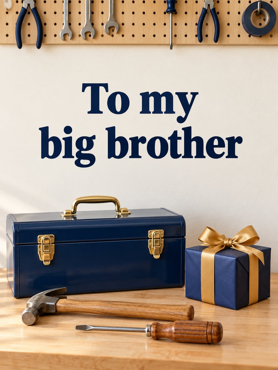 Birthday greeting image: navy toolbox, navy gift with a gold bow, hammer and screwdriver on a wooden workbench, pegboard with tools. It says “To my big brother”