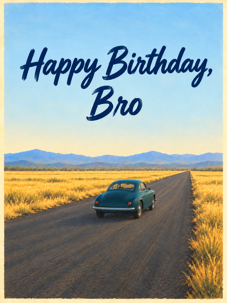 Birthday greeting image: teal coupe on an empty country road, golden fields, distant mountains. It says “Happy Birthday, Bro”