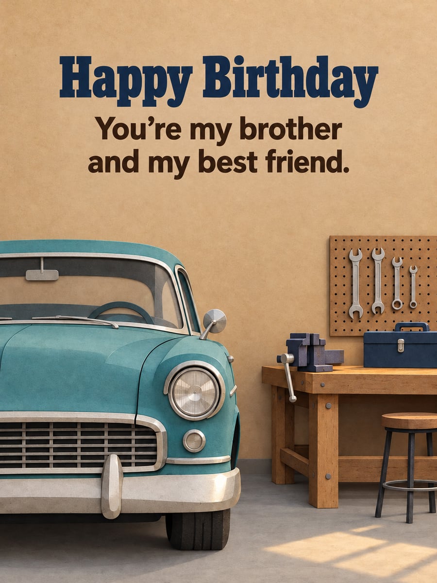 Birthday greeting image: front of a teal 1950s car in a garage, wooden workbench, pegboard with wrenches. It says “Happy Birthday” and “You’re my brother and my best friend.”