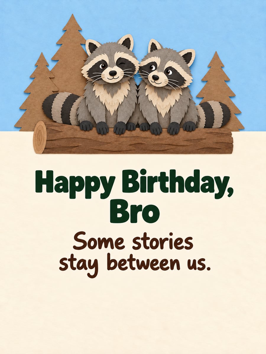 Birthday greeting image: two paper-cut raccoons on a log, one winking, paper pine trees. It says “Happy Birthday, Bro” and “Some stories stay between us.”