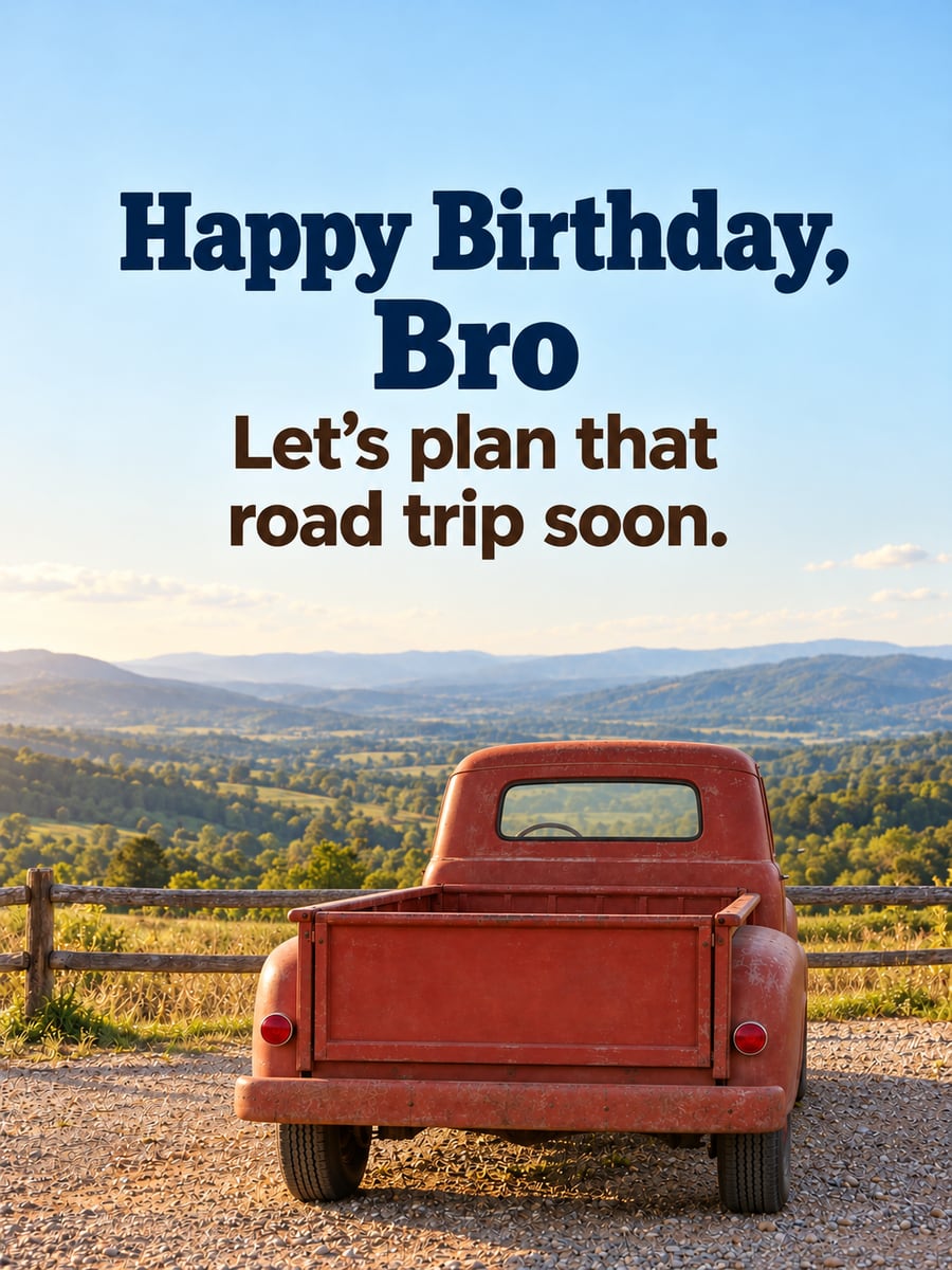 Birthday greeting image: old red pickup truck seen from behind, wooden fence, rolling green hills. It says “Happy Birthday, Bro” and “Let’s plan that road trip soon.”