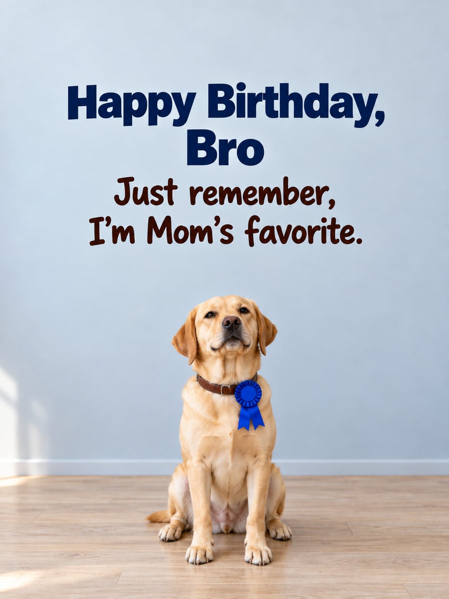 Birthday greeting image: smug yellow Labrador with a blue prize ribbon on its collar, wooden floor. It says “Happy Birthday, Bro” and “Just remember, I’m Mom’s favorite.”