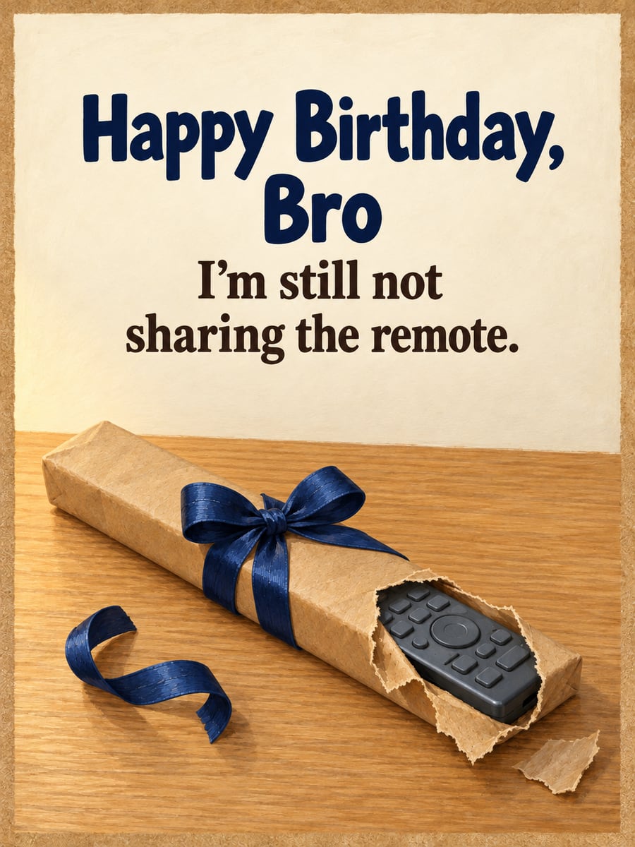 Birthday greeting image: TV remote wrapped in kraft paper with a navy bow. It says “Happy Birthday, Bro” and “I’m still not sharing the remote.”