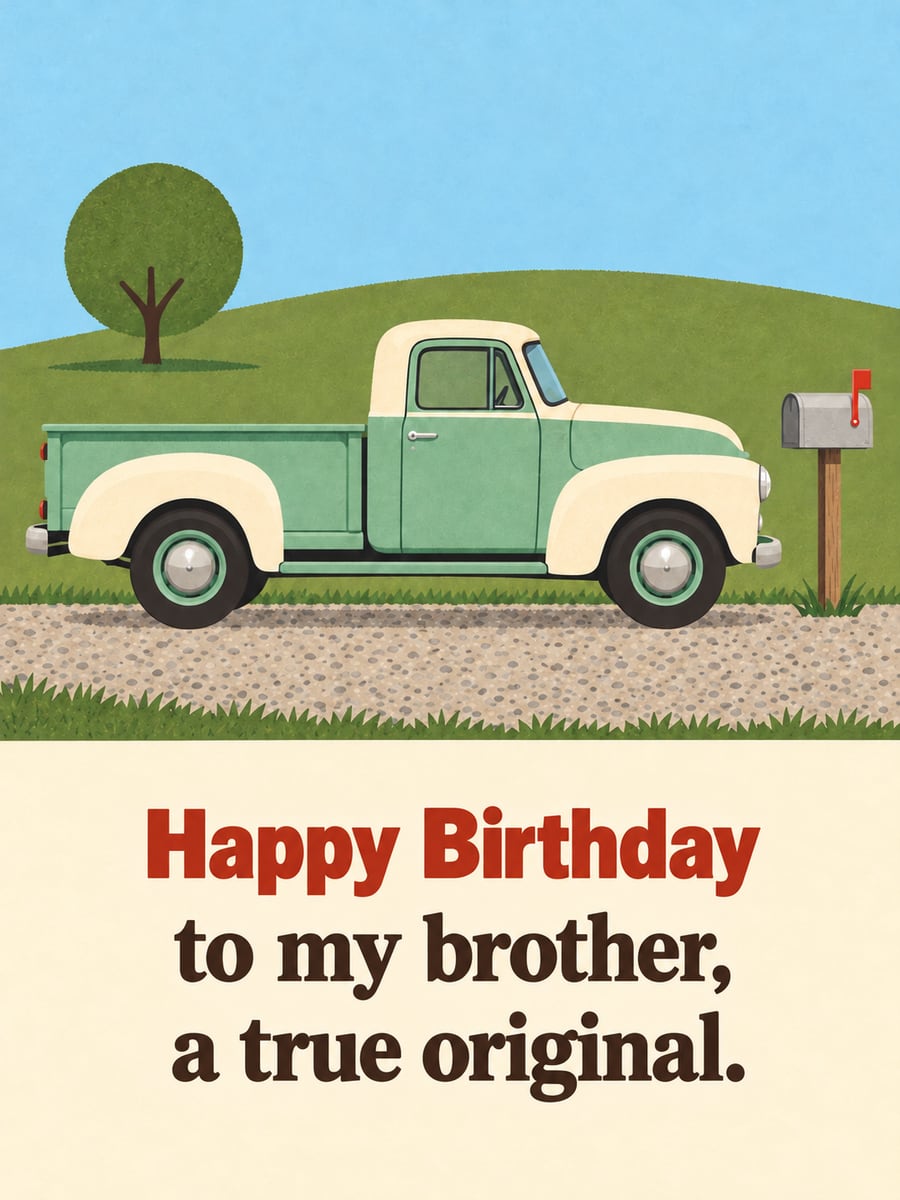 Birthday greeting image: mint green and cream vintage pickup truck, rural mailbox, green hill. It says “Happy Birthday” and “to my brother, a true original.”