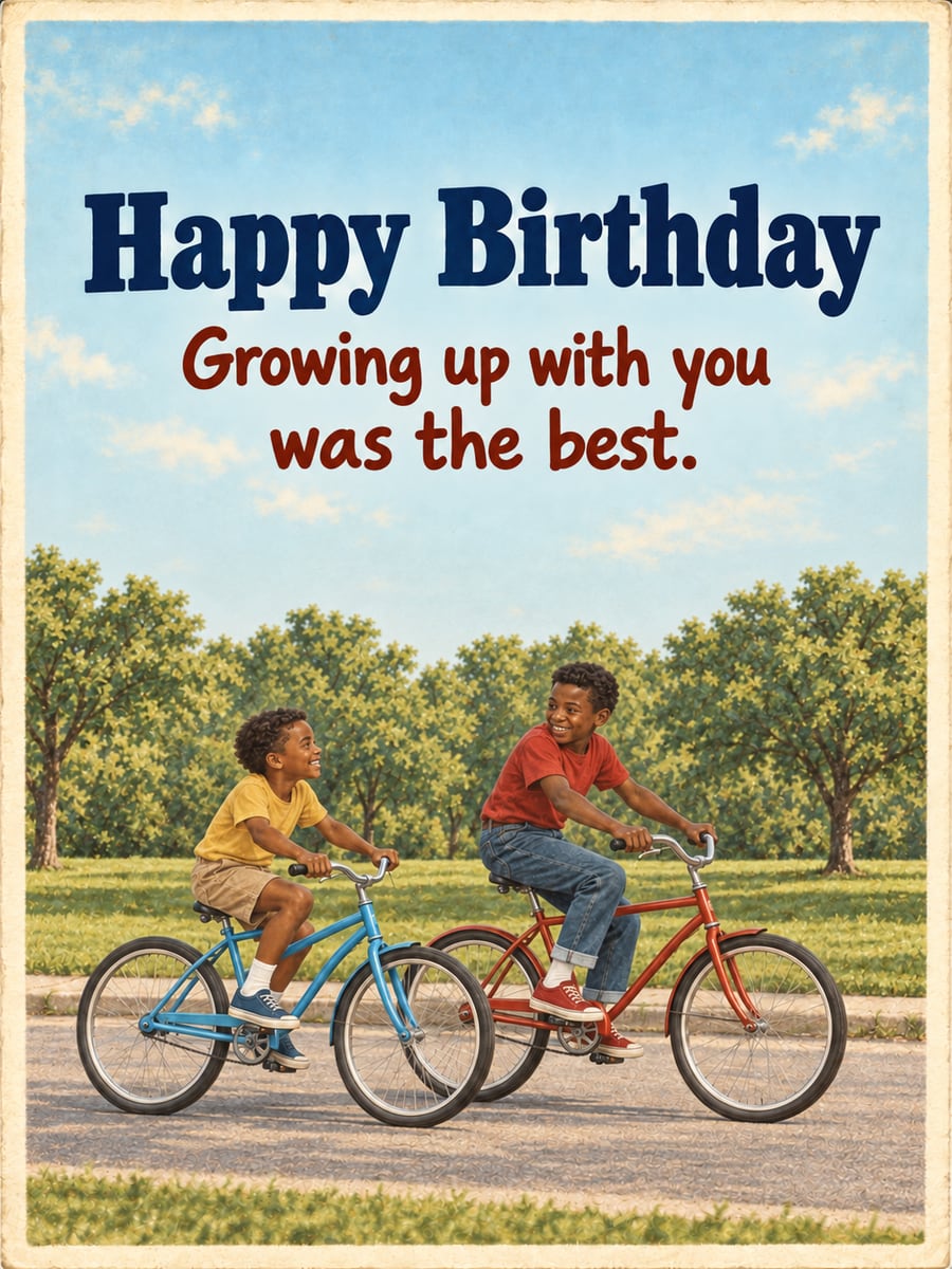 Birthday greeting image: two Black brothers riding bicycles, tree-lined park path. It says “Happy Birthday” and “Growing up with you was the best.”