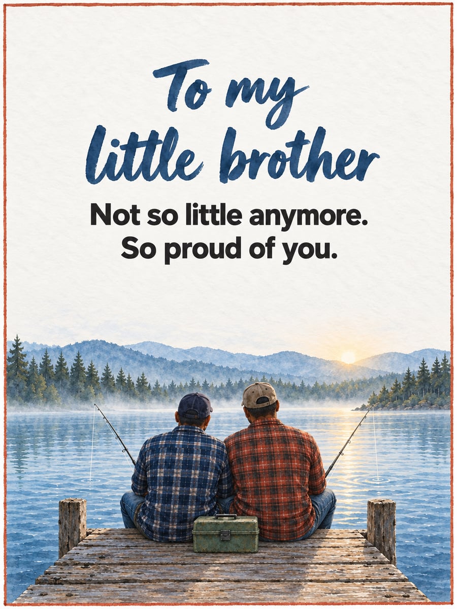 Birthday greeting image: two brothers fishing from a dock, seen from behind, tackle box, misty lake. It says “To my little brother” and “Not so little anymore. So proud of you.”