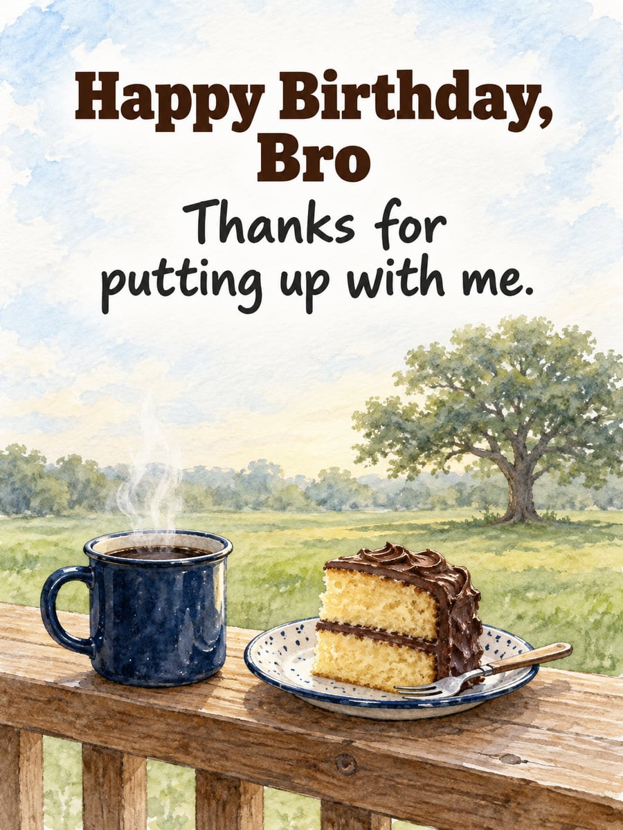 Birthday greeting image: navy enamel mug of coffee, slice of yellow cake with chocolate frosting, porch rail, oak tree. It says “Happy Birthday, Bro” and “Thanks for putting up with me.”