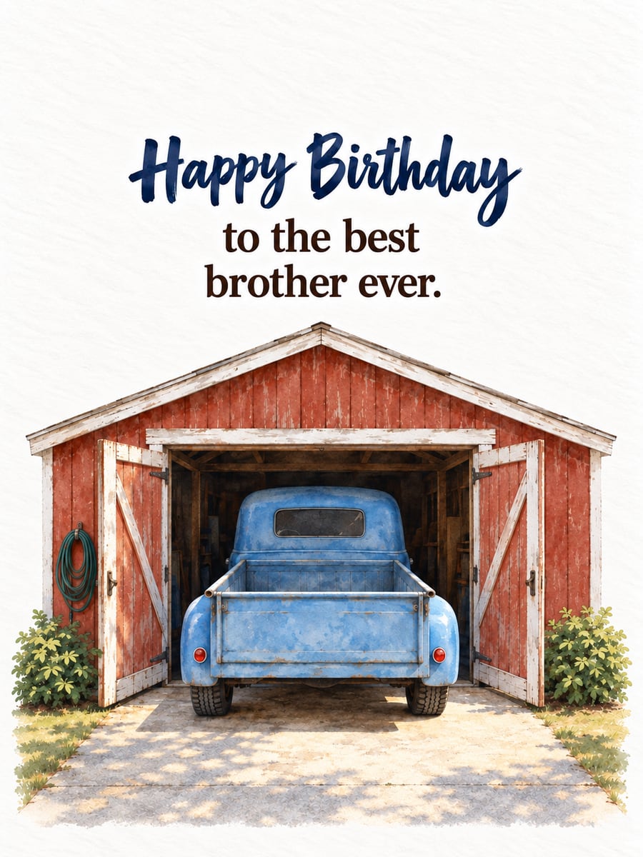 Birthday greeting image: powder blue pickup truck seen from behind, open red wooden garage, green shrubs. It says “Happy Birthday” and “to the best brother ever.”