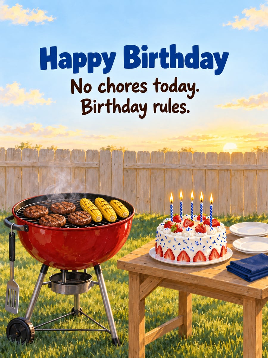 Birthday greeting image: red kettle grill with burgers and corn, strawberry birthday cake with candles, backyard fence. It says “Happy Birthday” and “No chores today. Birthday rules.”