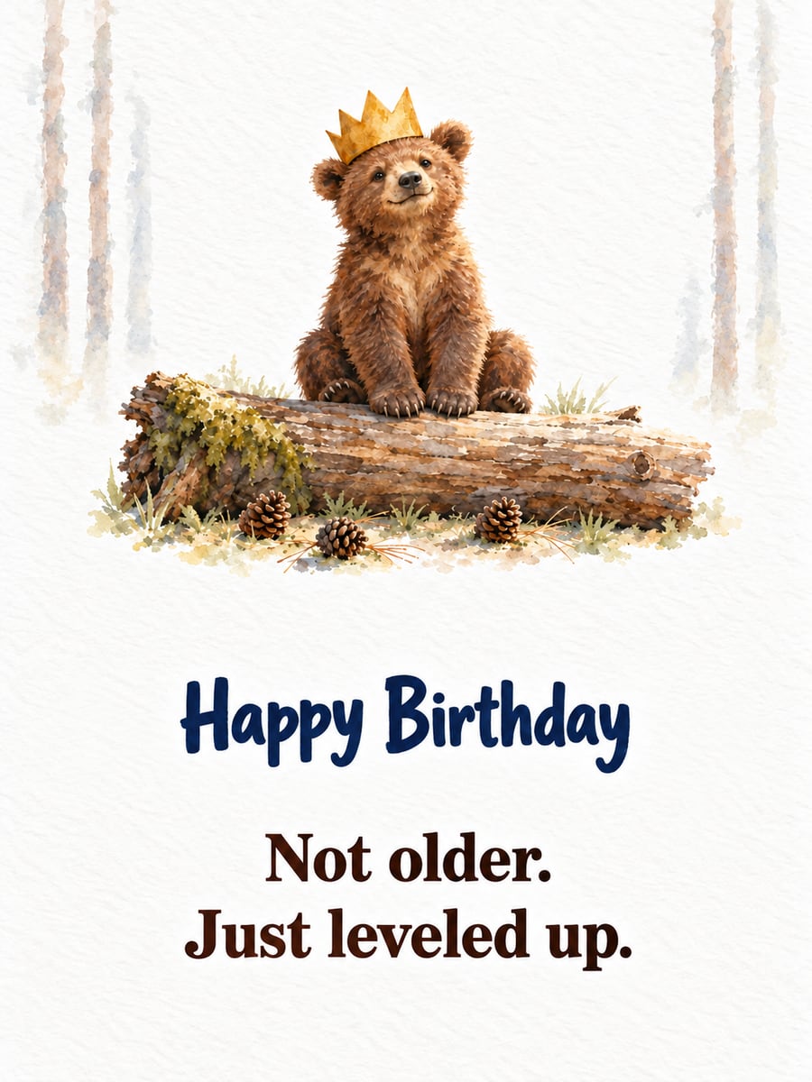 Birthday greeting image: brown bear cub in a gold paper crown sitting on a log, pine cones. It says “Happy Birthday” and “Not older. Just leveled up.”