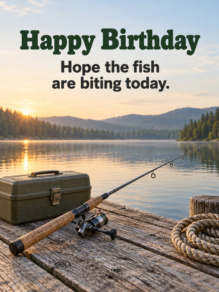 Birthday greeting image: fishing rod and tackle box on a wooden dock, rope, lake at sunset. It says “Happy Birthday” and “Hope the fish are biting today.”