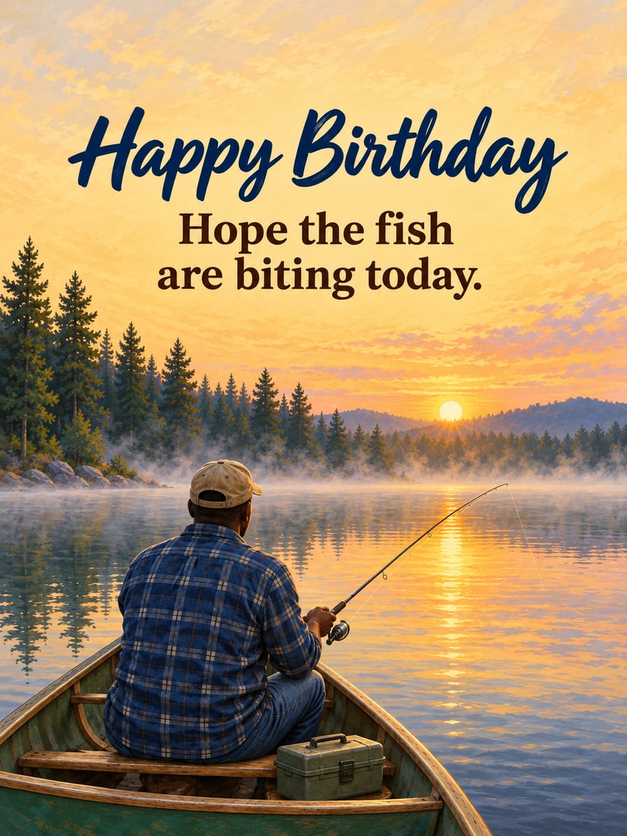 Birthday greeting image: Black man fishing from a canoe, seen from behind, tackle box, misty lake at sunrise with pine trees. It says “Happy Birthday” and “Hope the fish are biting today.”