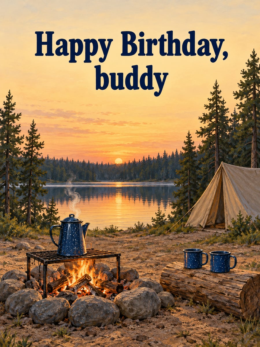 Birthday greeting image: campfire with a blue enamel coffee pot, two blue enamel mugs, tent, lake at dusk. It says “Happy Birthday, buddy”