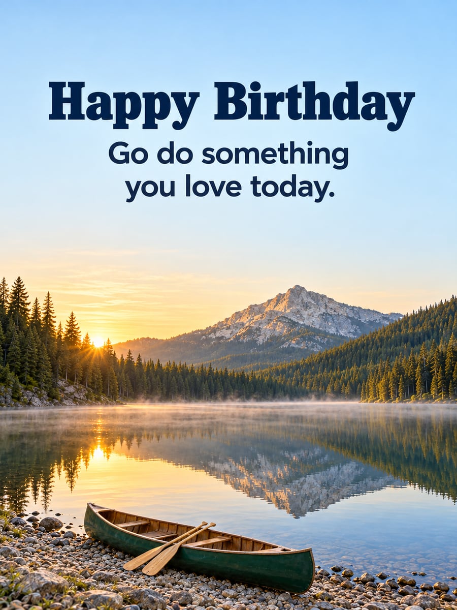 Birthday greeting image: mountain lake at sunrise, green wooden canoe on the shore, pine forest. It says “Happy Birthday” and “Go do something you love today.”