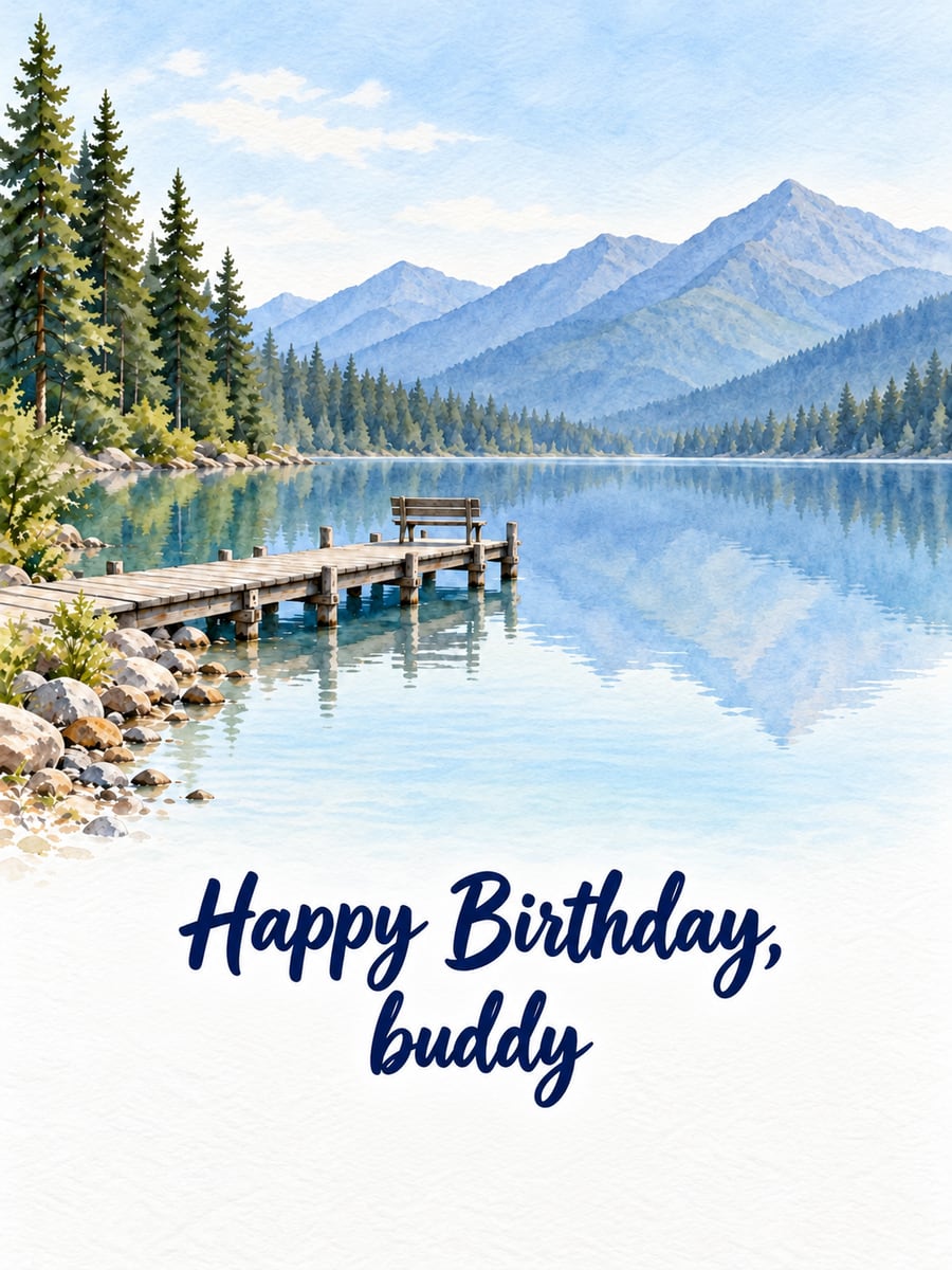 Birthday greeting image: wooden dock on a mountain lake, pine trees, mountains. It says “Happy Birthday, buddy”